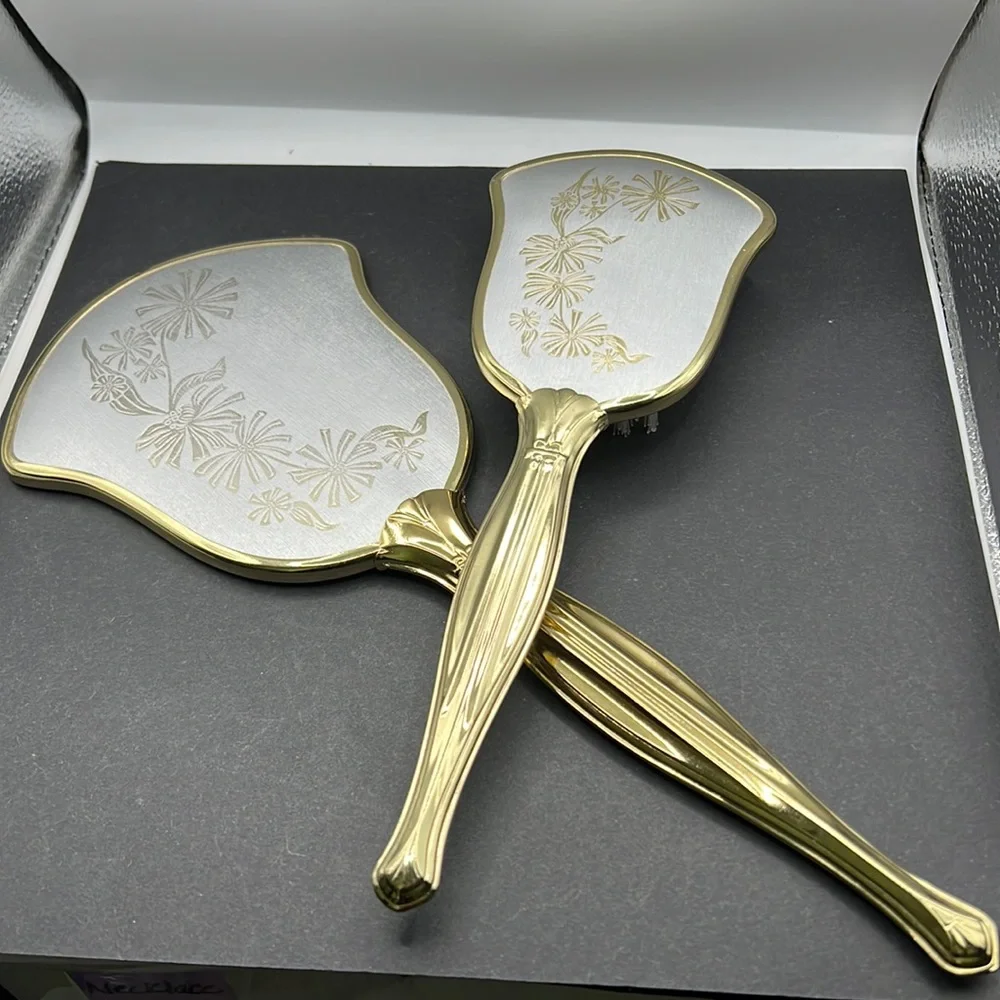 Vintage flower vanity hand mirror and brush